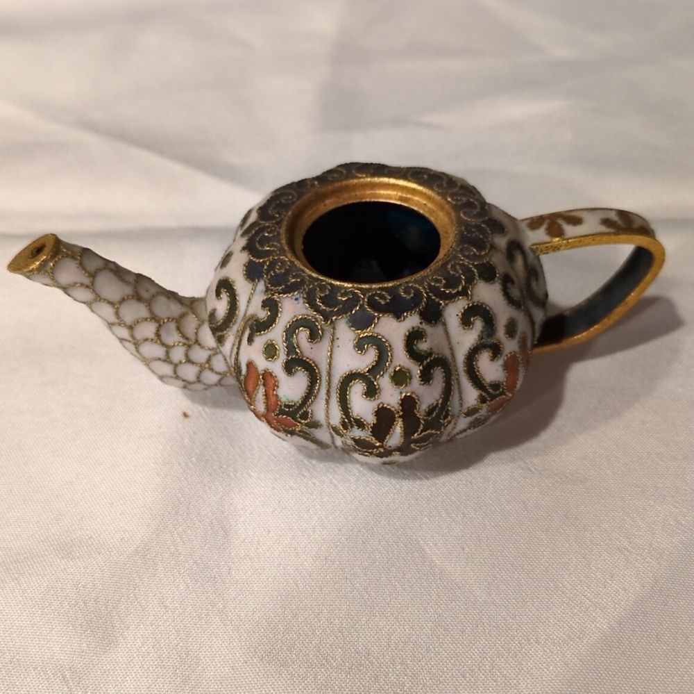 Vintage Chinese Cloisonne Brass Teapot No Lid Gold Gilt Enamel Planter